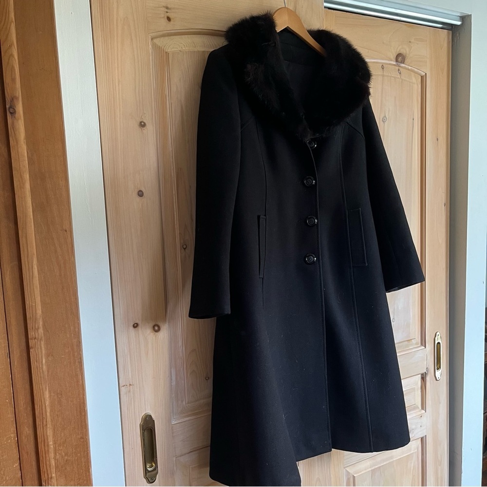 Vintage Variations Wool Overcoat Dress Car Trench Coat Fur Collar Women Black​
